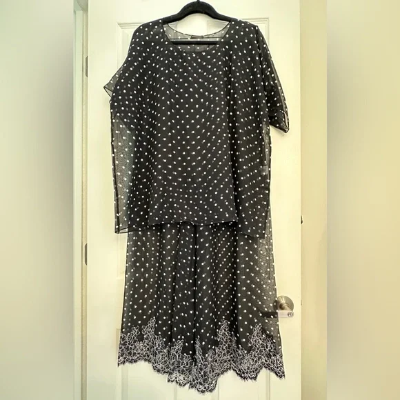 Rosamosario 100% Silk Georgette Polka Dot Lounge Set French Lace Luxury Lounge - Picture 3 of 17